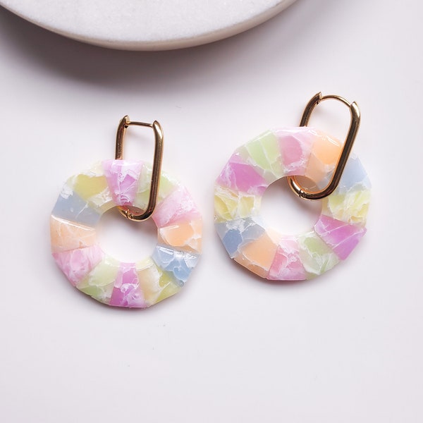 Handmade Earrings Polymer Clay Earrings Hoop Earring Rainbow Colors Hoop Circle Earring Funky Hoop Golden Silver Earring | VESPER HOOPS