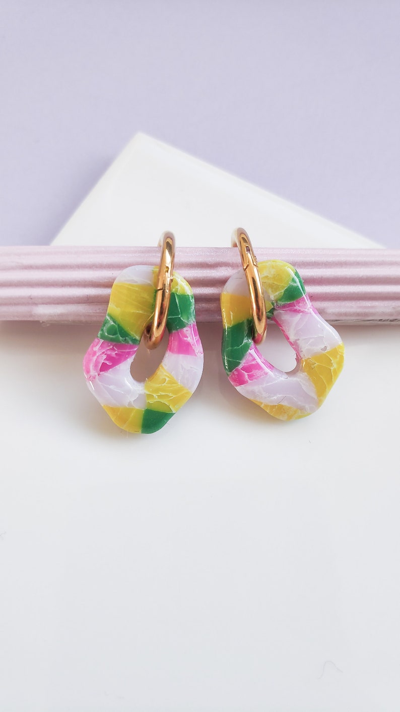 Handmade Polymer Clay Earrings Golden Hoop Silver Hoop Statement Earrings Quilt Pattern Jewellery Handmade Bohemian Earring Modern ENOLA image 3