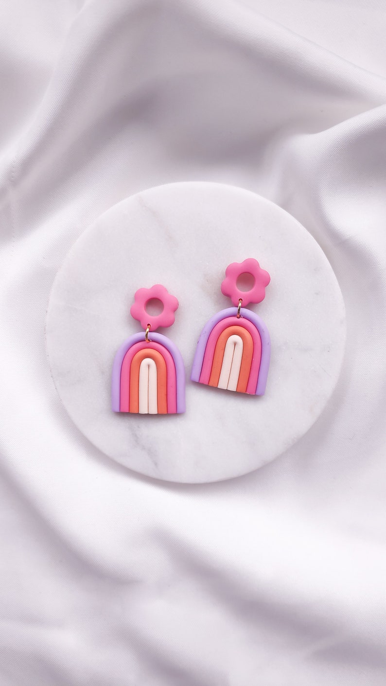 Polymer Clay Earrings Rainbow Earrings Flower Dangle Statement Earrings Handmade Jewellery Cute Earrings Fun Earrings IRIS image 2