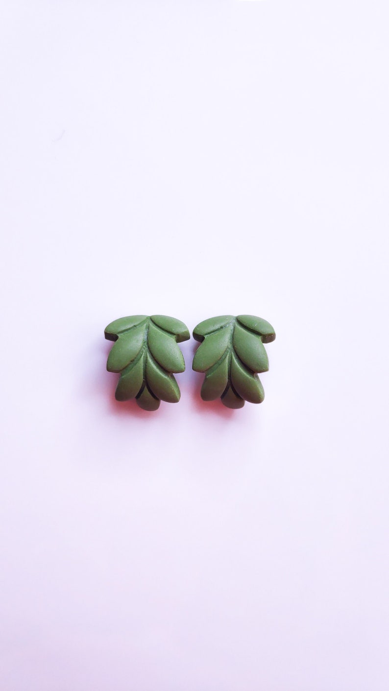 Leaf Earrings Huggies Polymer Clay Earrings Hoops Green Leaves Nature Style Earrings Bohemian Earhuggies Small Casual Gift Unique BIRCH image 1