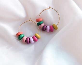 Handmade Polymer Clay Hoops Beaded Earrings Autumn Colours Hoop Rainbow Earrings Lightweight Hoop Multicolor Earring Statement | GIGI