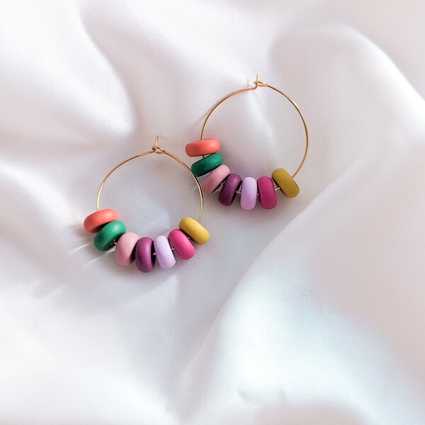 Handmade Polymer Clay Hoops Beaded Earrings Autumn Colours Hoop Rainbow Earrings Lightweight Hoop Multicolor Earring Statement | GIGI