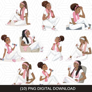 Black Girl Workout Clipart Bundle: Fitness Planner Illustrations (PNG Digital Download
