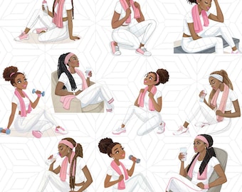 Black Girl Workout Clipart Bundle: Fitness Planner Illustrations (PNG Digital Download