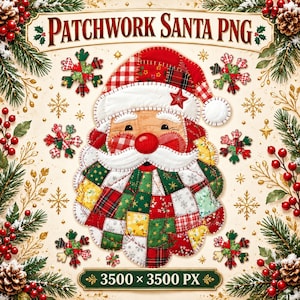 Puede incluir: Un gráfico digital que muestra una cara de Papá Noel hecha de retazos, rodeada de copos de nieve festivos, ramas de pino y bayas rojas. El texto PATCHWORK SANTA PNG y 3500 x 3500 PX aparece en pancartas decorativas arriba y abajo.