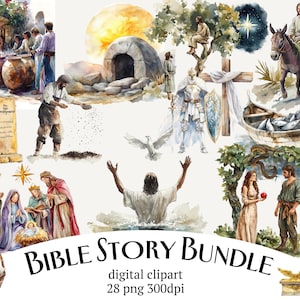 May include: A set of 28 digital clipart images depicting scenes from the Bible. The images are painted in a watercolour style and feature characters, objects, and landscapes from various biblical stories. The images are 300 dpi and are perfect for use in digital projects.