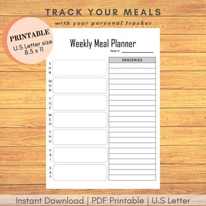 INSTANT DOWNLOAD Meal Planner Printable, Weekly Meal Planner and Grocery List Tracker, Weekly Menu Planner, Meal Prep Planning Printable