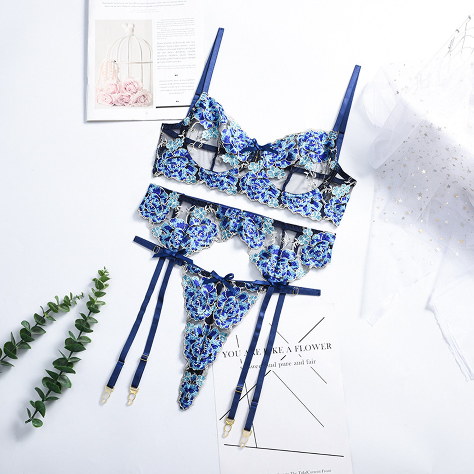 BLUE LINGERIE SET Sexy 3pc. Bra, Grarter Belt, Panty Lingerie Set With  Sensual Mesh Lace Erotic, Elegant Lingerie Gift for Her, Him or You -   Canada