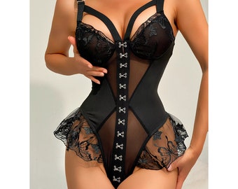 Garter Teddy and Leash - Queen Size - Black  Queen Size - Black main image 1
