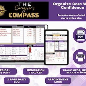 May include: A digital caregiving planner with the text "The Caregiver's Compass." The image shows a laptop and tablet displaying medical history, medication tracking, and daily logs. Includes PDF and print options. The planner helps organize care with confidence.