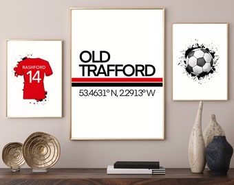 Fußball-Druck, Geschenke für ihn, Fußball personalisiertes Geschenk, Jungen-Drucke, 3er-Set Fußball-Druck, Fußballgeschenk, Fußballtrikot, Old Trafford