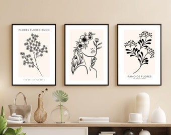 Penseldrag Neutrala tryck Blomtryck Växtkonst Beige dekor Neutral väggkonst Sovrumsväggkonst Set med 3 tryck Blommig linjekonst