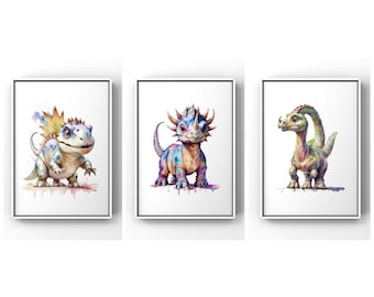 Conjunto de 3 pôsteres de dinossauros, impressões de dinossauros, berçário de dinossauros em aquarela, arte de parede de dinossauros, brontossauro, impressão de T-Rex de quarto de menino, triceratops