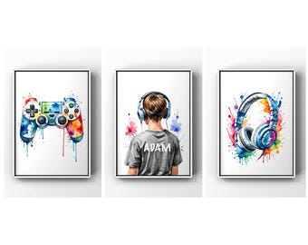 Juego de 3 impresiones de arte mural de videojuegos, impresiones personalizadas de gamers, decoración de dormitorio infantil, arte de pared de gamers para guardería, póster de videojuegos