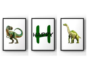 Estampas de dinossauro, conjunto de 3 pôsteres de dinossauro, estampa de dinossauro em aquarela, arte de parede de dinossauro, decoração de quarto infantil, arte de parede para berçário de meninos