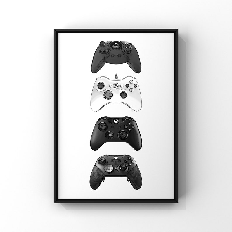 May include: A framed print of four black and white illustrations of different Xbox controllers. The controllers are arranged vertically, with the oldest controller at the top and the newest controller at the bottom.