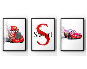 Berçário de carro, quarto de meninos, impressões de carros escandinavos, decoração de quarto de carro, conjunto de impressões de berçário de transporte, 3 impressões personalizadas, decoração de berçário de meninos, pôster de carro