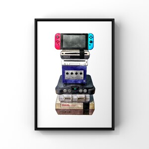 May include: A stack of vintage video game consoles, including a Nintendo 64, a Super Nintendo, a GameCube, a Wii, and a Nintendo Switch. The consoles are arranged in a tower, with the Switch on top and the NES on the bottom.