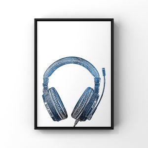 May include: A black framed print of a blue and white illustration of a pair of headphones.