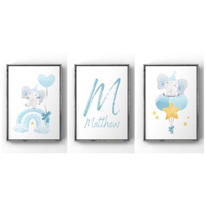 Set Of 3 Personalised Hot Air Balloon Elephant Prints, Nursery, Playroom, Children’s Poster, Girls Boys Bedroom, Kids Wall Art Digital