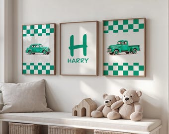 Set of 3, Personalised, Race Car Prints, Vehicle Prints, Racing Car, Boys Bedroom Prints, Vintage Race Car, Playroom Prints, Boys Gifts