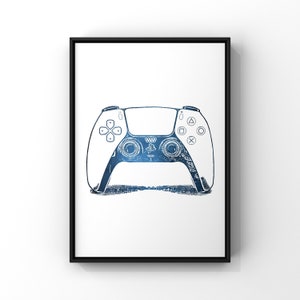 K&ouml;nnte beinhalten: Eine blaue und wei&szlig;e Illustration eines Videospiel-Controllers. Der Controller hat ein strukturiertes Design und ist vor einem wei&szlig;en Hintergrund platziert.