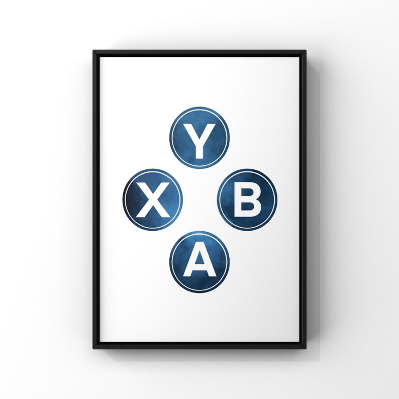 May include: A framed print with a white background and four blue circles with white letters. The letters spell out "X, Y, A, B".