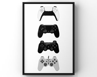 May include: A framed print featuring a black and white illustration of four different PlayStation controllers. The controllers are arranged vertically, with the newest controller at the top and the oldest at the bottom.