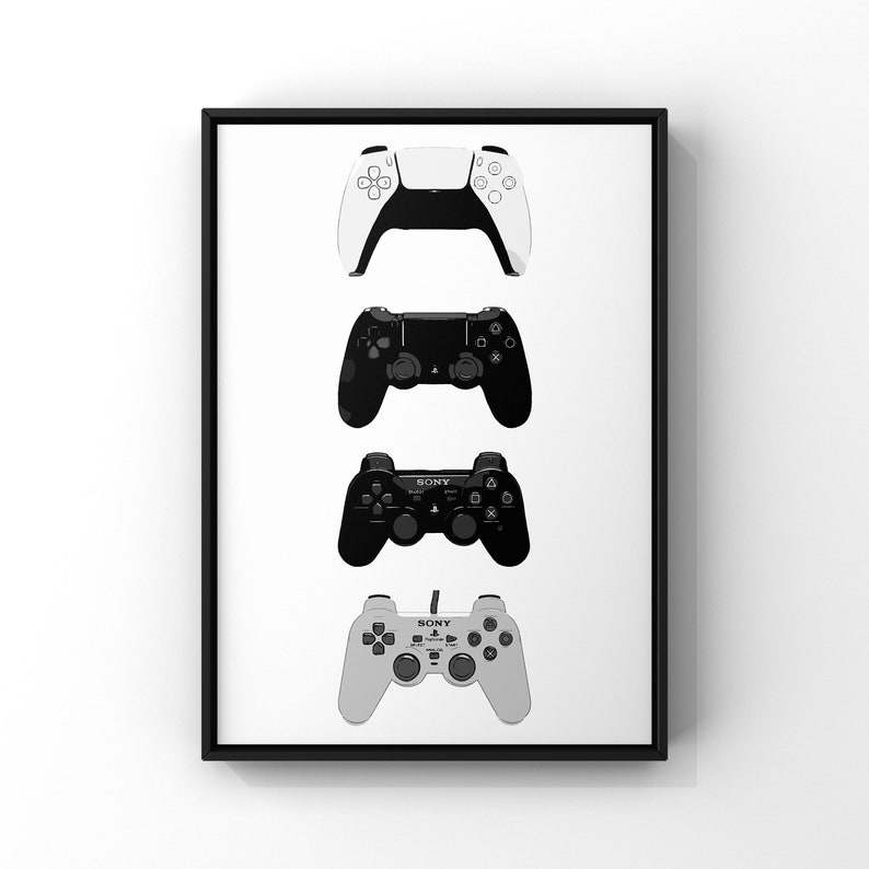 May include: A framed print featuring a black and white illustration of four different PlayStation controllers. The controllers are arranged vertically, with the newest controller at the top and the oldest at the bottom.