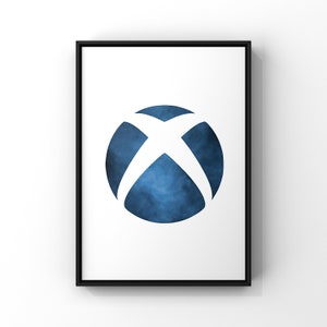 May include: A white Xbox logo on a blue watercolor background. The logo is a circle with an X inside. The background is a dark blue with white streaks.