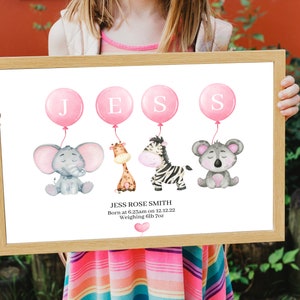 Animal Safari Balloon Personalised Name Nursery, Baby Gift, Nursery Picture, Nursery Print, Christening Gift Personalised, Digital Download