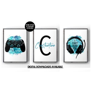 May include: Three printable wall art prints with a blue watercolor background. The first print features a black video game controller, the second print features a black letter C with the name Constantine written in blue, and the third print features a black headset with the text "I can't hear you" in blue.