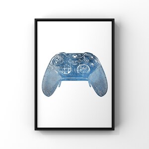 May include: A blue and white illustration of a video game controller. The controller has buttons labeled A, B, X, and Y.