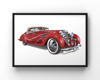 Large Vintage Retro Classic Car watercolour Quality art poster Print 610x900 mm Large Vintage Retro Classic Car watercolour Quality art poster Print 610x900 mm