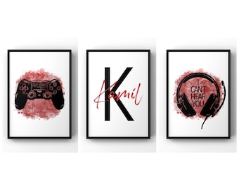 Personalized Gaming Prints, Gamer Room Decor Set of 3