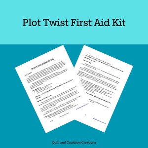 Op de afbeelding: Twee witte pagina's met tekst, getiteld "Plot Twist First Aid Kit", zijn schuin geplaatst tegen een turquoise achtergrond. De bovenste pagina heeft de titel en tekst over ademhalings- en aardingstechnieken. De onderste pagina heeft tekst over de volgende stappen.