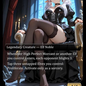 Könnte beinhalten: Fantasy-Karte mit einem Elf Noble. Das Artwork zeigt eine weibliche Elfe mit weißen Haaren, spitzen Ohren und einem schwarzen Outfit. Der Kartentext enthält Spielmechaniken und eine Stärke/Zähigkeit von 4/4.