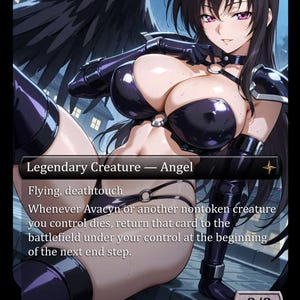 Op de afbeelding: Een ruilkaart met een engel in anime-stijl met lang zwart haar, paarse ogen en grote zwarte vleugels. Het personage draagt een zwarte glanzende bikini en bijpassende armbeschermers. De tekst op de kaart luidt Legendary Creature — Angel.