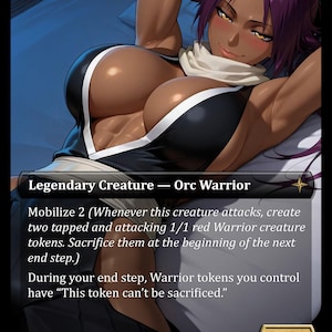 May include: A trading card featuring an illustration of a character with purple hair and tan skin wearing a black and white outfit. The text reads Legendary Creature — Orc Warrior, Mobilize 2, and includes game rules and the power/toughness 2/4.