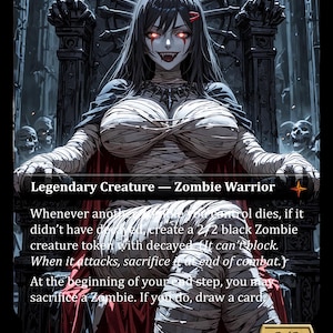 Op de afbeelding: Een ruilkaart met een donkerharig figuur met gloeiende rode ogen en scherpe tanden, gewikkeld in witte bandages, zittend op een troon. De tekst luidt Legendary Creature — Zombie Warrior, met spelregels en de kracht en weerstand 3/3.