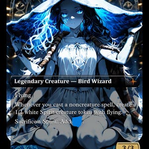 Può includere: Una carta artistica fantasy con un Bird Wizard. La carta raffigura una figura femminile con occhi blu e un vestito bianco, adornata da un grande cappello e accenti blu fluenti. Il testo sulla carta recita "Legendary Creature - Bird Wizard".
