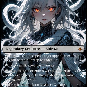 May include: A trading card featuring a white-haired character with glowing orange eyes, wearing intricate black and white armor. The text reads Legendary Creature — Eldrazi, with game rules including Ward—Sacrifice two permanents and power 7/7.