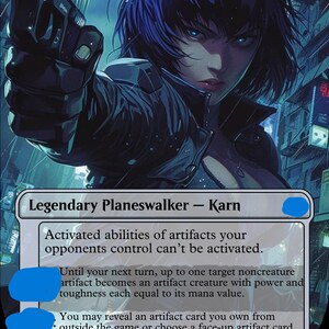 May include: A trading card titled Karn, the Great Creator, featuring a dark-haired figure in a black jacket pointing a handgun forward. The card text describes abilities related to artifacts, including preventing opponent activation and retrieving cards.