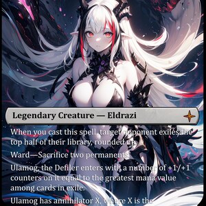 May include: A trading card featuring a white-haired character with red eyes and horns, labeled Legendary Creature - Eldrazi. The text reads: When you cast this spell, target opponent exiles the top half of their library, rounded up. Ward—Sacrifice two permanents. Ulamog, the Defiler enters with a number of +1/+1 counters on it equal to the greatest mana value among cards in exile. Ulamog has annihilator X, where X is the number of +1/+1 counters on it. The card has a 7/7 power and toughness.