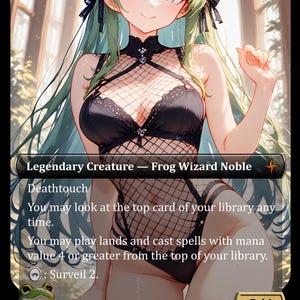 May include: A fantasy art card featuring a female character with green hair and blue eyes. The character is wearing a black outfit with fishnet detailing. The card is labeled "Legendary Creature - Frog Wizard Noble" with game text and a power/toughness of 2/4.