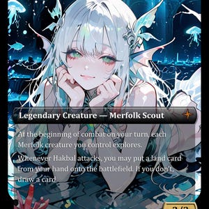 May include: A fantasy art card featuring a Merfolk Scout. The illustration depicts a smiling woman with long white hair, green eyes, and aquatic-themed accessories. The card includes text describing the creature's abilities and stats.