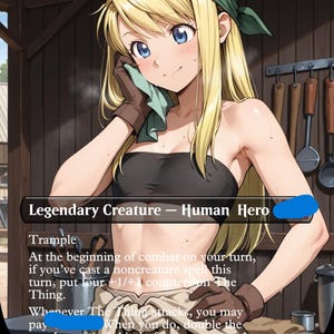 Könnte beinhalten: Eine Sammelkarte mit einer Anime-Illustration einer blonden Figur, die ein schwarzes Oberteil, braune Handschuhe und ein grünes Kopftuch trägt. Der Kartentext lautet The Thing, Legendary Creature - Human Hero, Trample und 5/5.