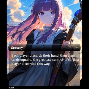 Puede incluir: Una carta coleccionable con un personaje de estilo anime de largo cabello morado y ojos morados, vistiendo una prenda blanca de cuello alto y un abrigo oscuro. El personaje sostiene un bastón de madera con una gema azul.