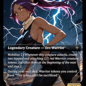 May include: A trading card featuring an illustration of an Orc Warrior with purple hair in a ponytail, wearing a black sleeveless top, set against a dark background with bright blue lightning bolts. The card text includes Legendary Creature.