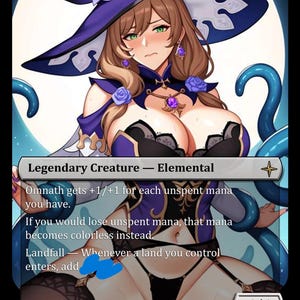 May include: A collectible trading card featuring an anime-style character wearing a purple hat and outfit with blue roses. The card text reads Legendary Creature - Elemental, Omnath gets +1/+1 for each unspent mana you have, and Landfall.